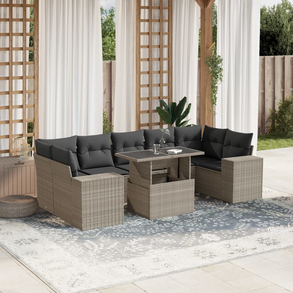 8-tlg. Garten-Sofagarnitur mit Kissen Hellgrau Poly Rattan