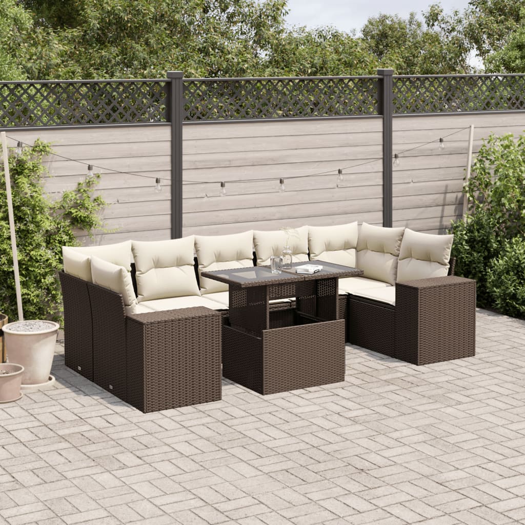 8-tlg. Garten-Sofagarnitur mit Kissen Braun Poly Rattan