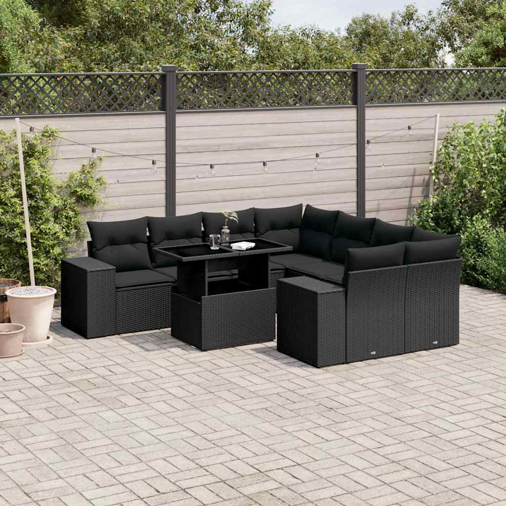 vidaXL 9-tlg. Garten-Sofagarnitur mit Kissen Schwarz Poly Rattan