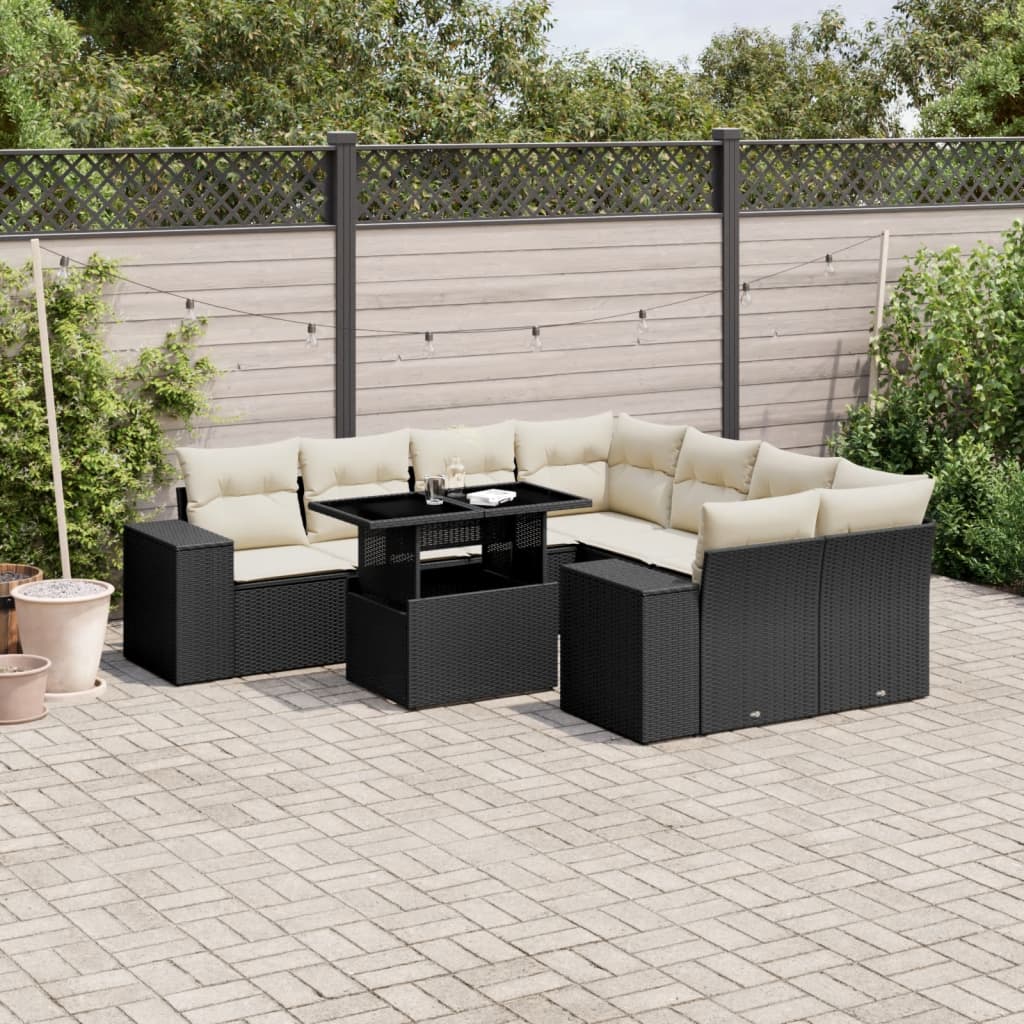 vidaXL 9-tlg. Garten-Sofagarnitur mit Kissen Schwarz Poly Rattan