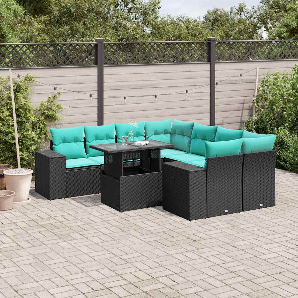 vidaXL 9-teiliges Gartensofa-Set mit Kissen, schwarzes Polyrattan