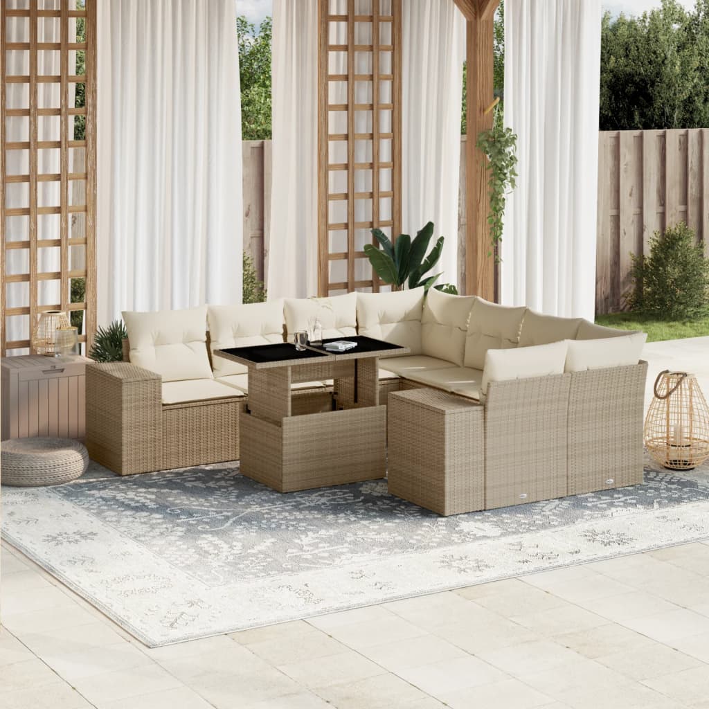 vidaXL 9-tlg. Garten-Sofagarnitur mit Kissen Beige Poly Rattan