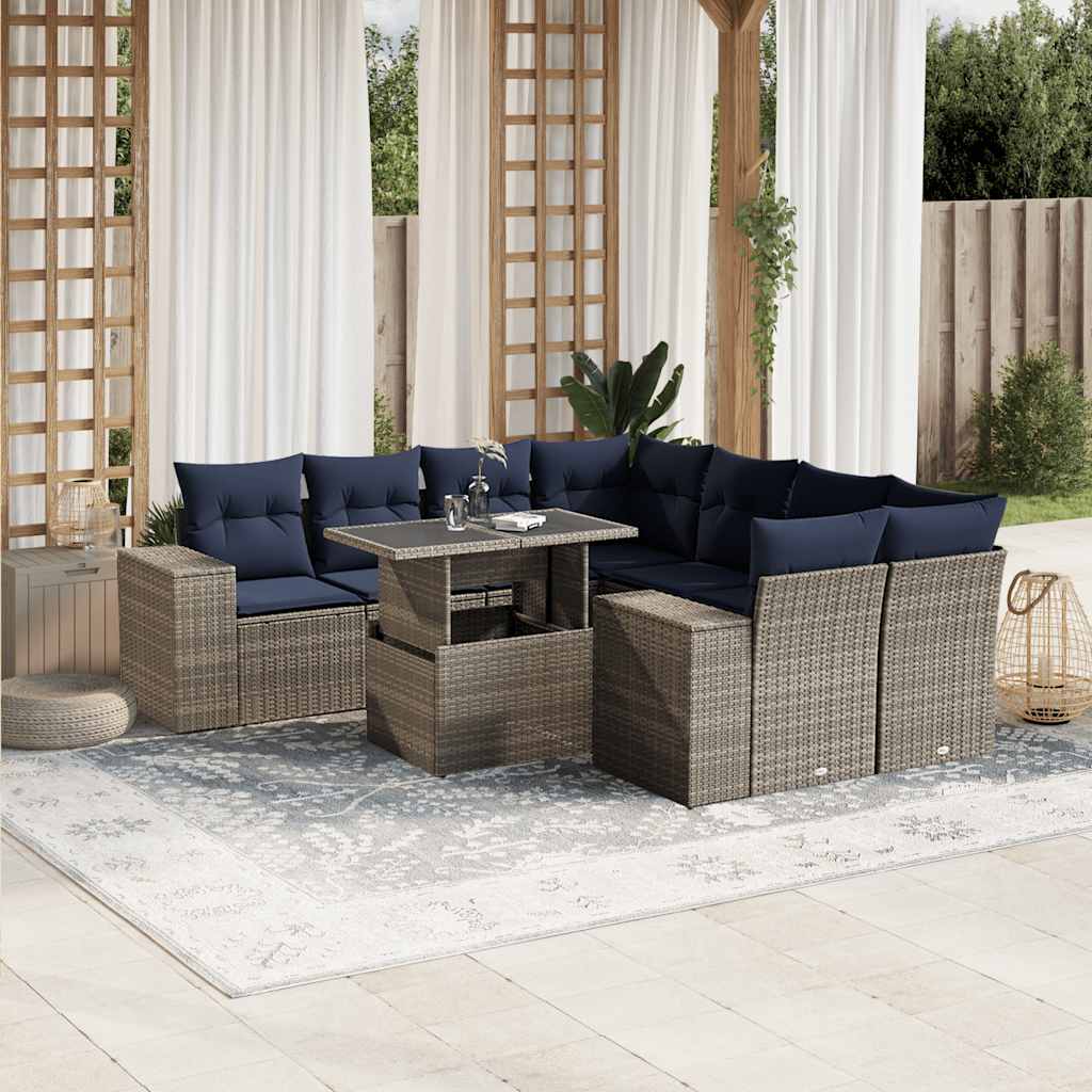 Havesofasæt i grå polyrattan med marineblå hynder - 9 dele og løftbart bord