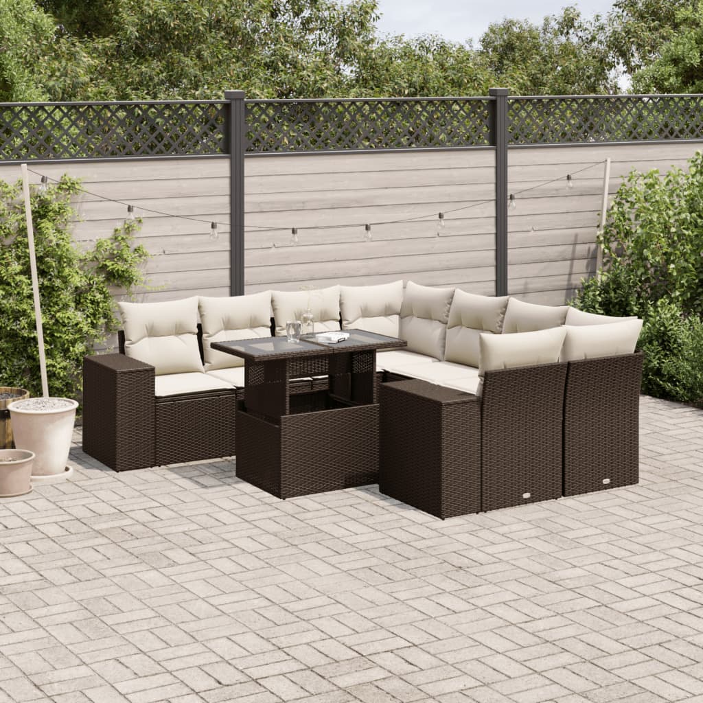 9-tlg. Garten-Sofagarnitur mit Kissen Braun Poly Rattan