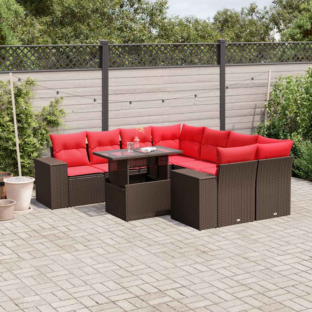 vidaXL 9-teiliges Gartensofa-Set mit Kissen, braun, Polyrattan