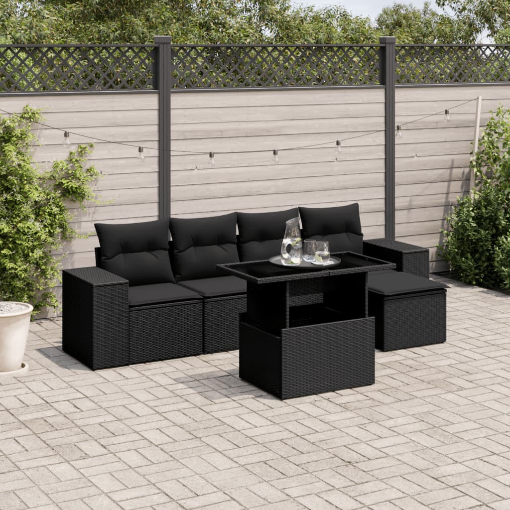 6-tlg. Garten-Sofagarnitur mit Kissen Schwarz Poly Rattan