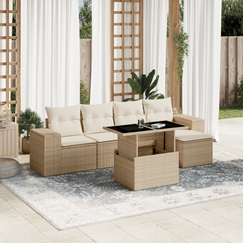 vidaXL 6-tlg. Garten-Sofagarnitur mit Kissen Beige Poly Rattan