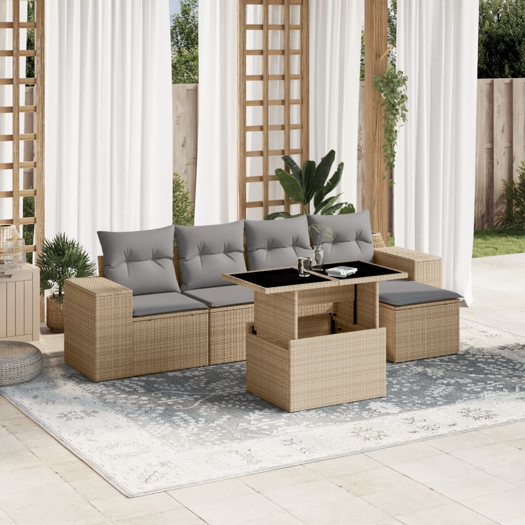 vidaXL 6-tlg. Garten-Sofagarnitur mit Kissen Beige Poly Rattan