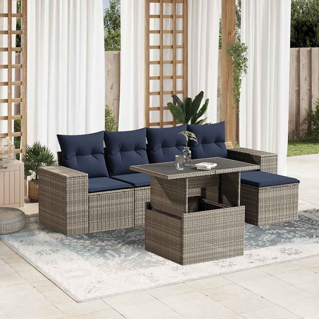 vidaXL 6-teiliges Gartensofa-Set mit Kissen, grau, Polyrattan