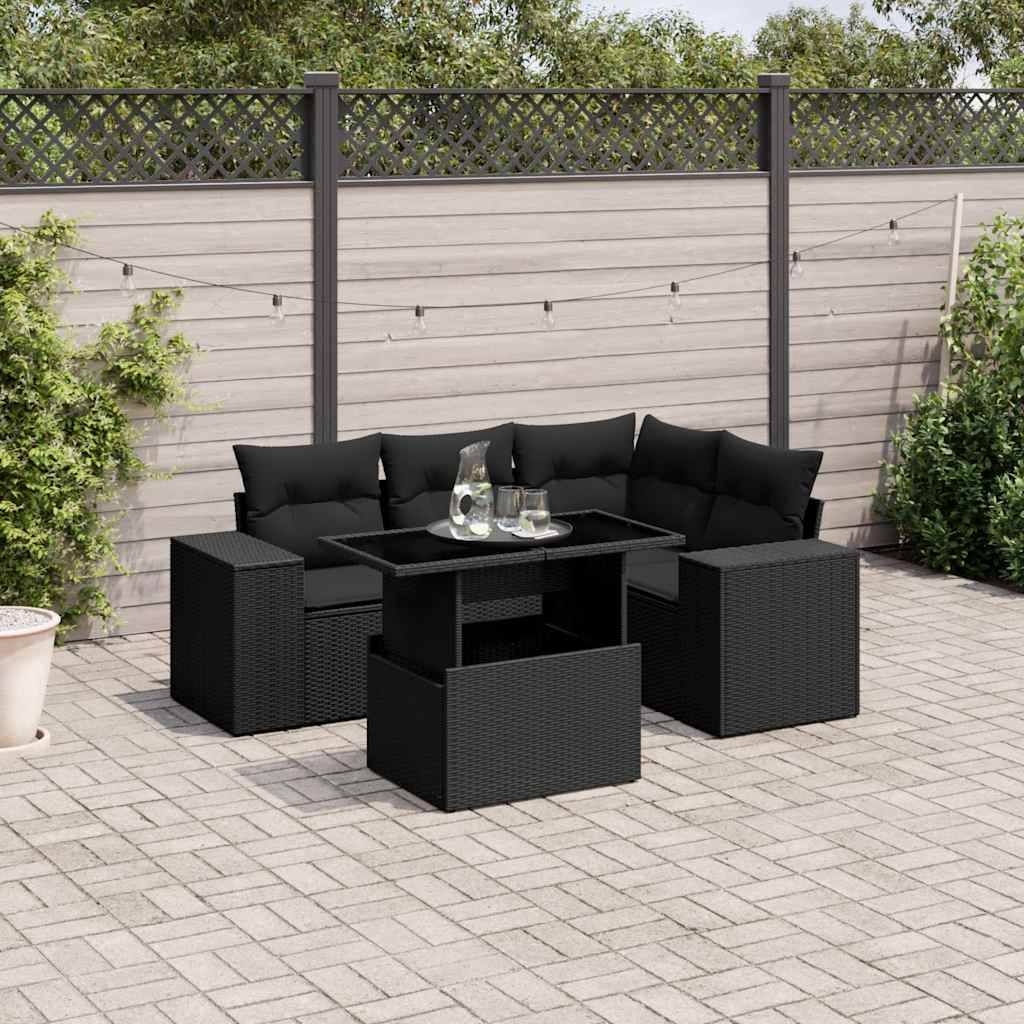 vidaXL Set mobilier de grădină cu perne, 5 piese, negru, poliratan