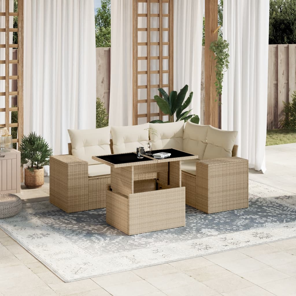 vidaXL 5-tlg. Garten-Sofagarnitur mit Kissen Beige Poly Rattan