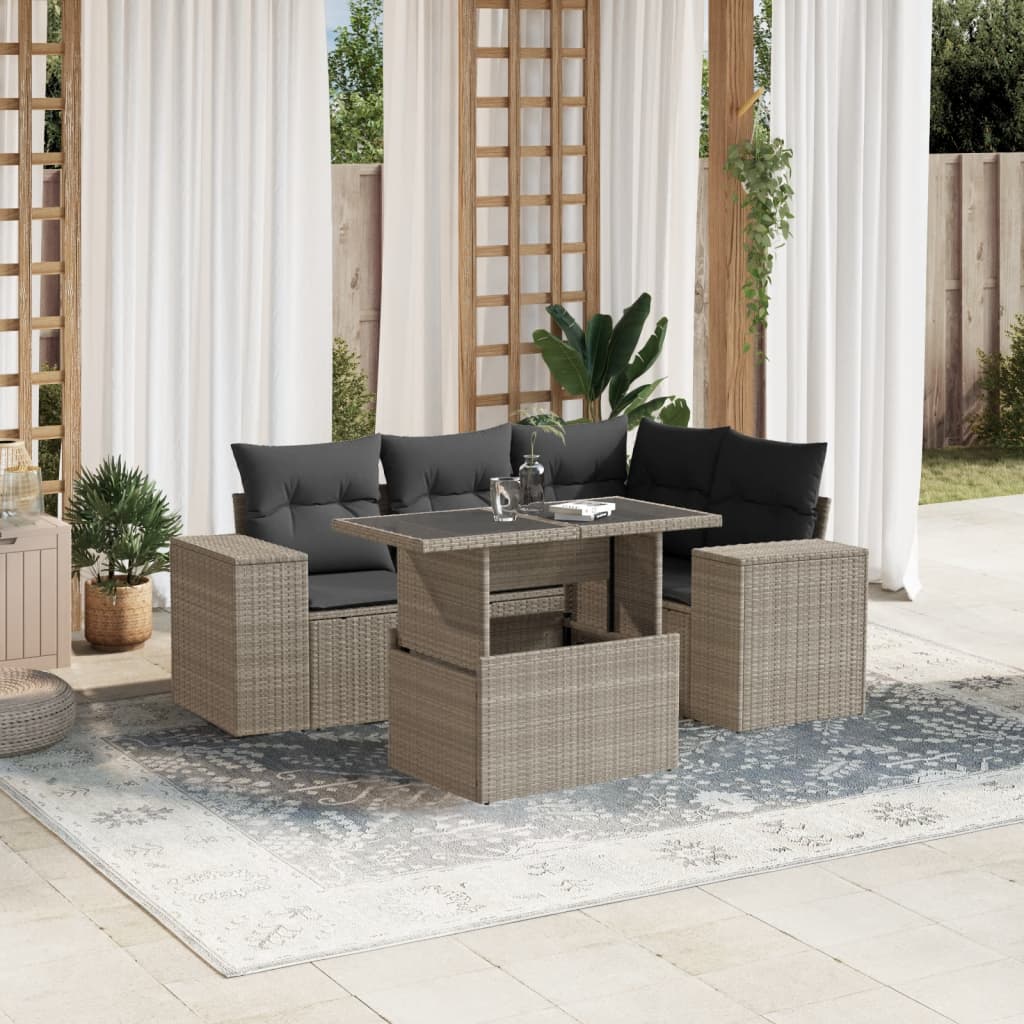 5-tlg. Garten-Sofagarnitur mit Kissen Hellgrau Poly Rattan