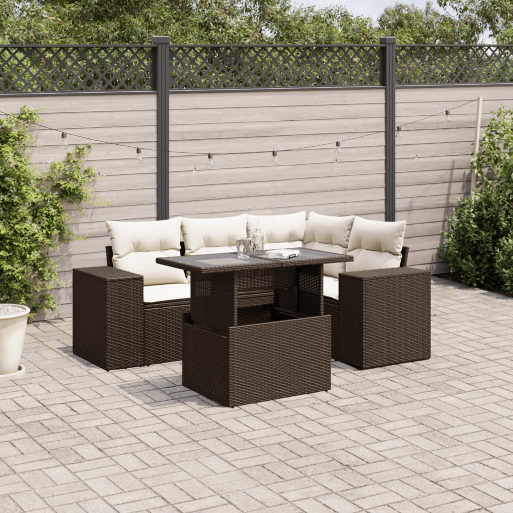 5-tlg. Garten-Sofagarnitur mit Kissen Braun Poly Rattan