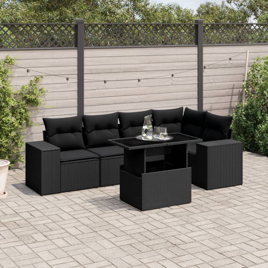 vidaXL Set mobilier de grădină cu perne, 6 piese, negru, poliratan