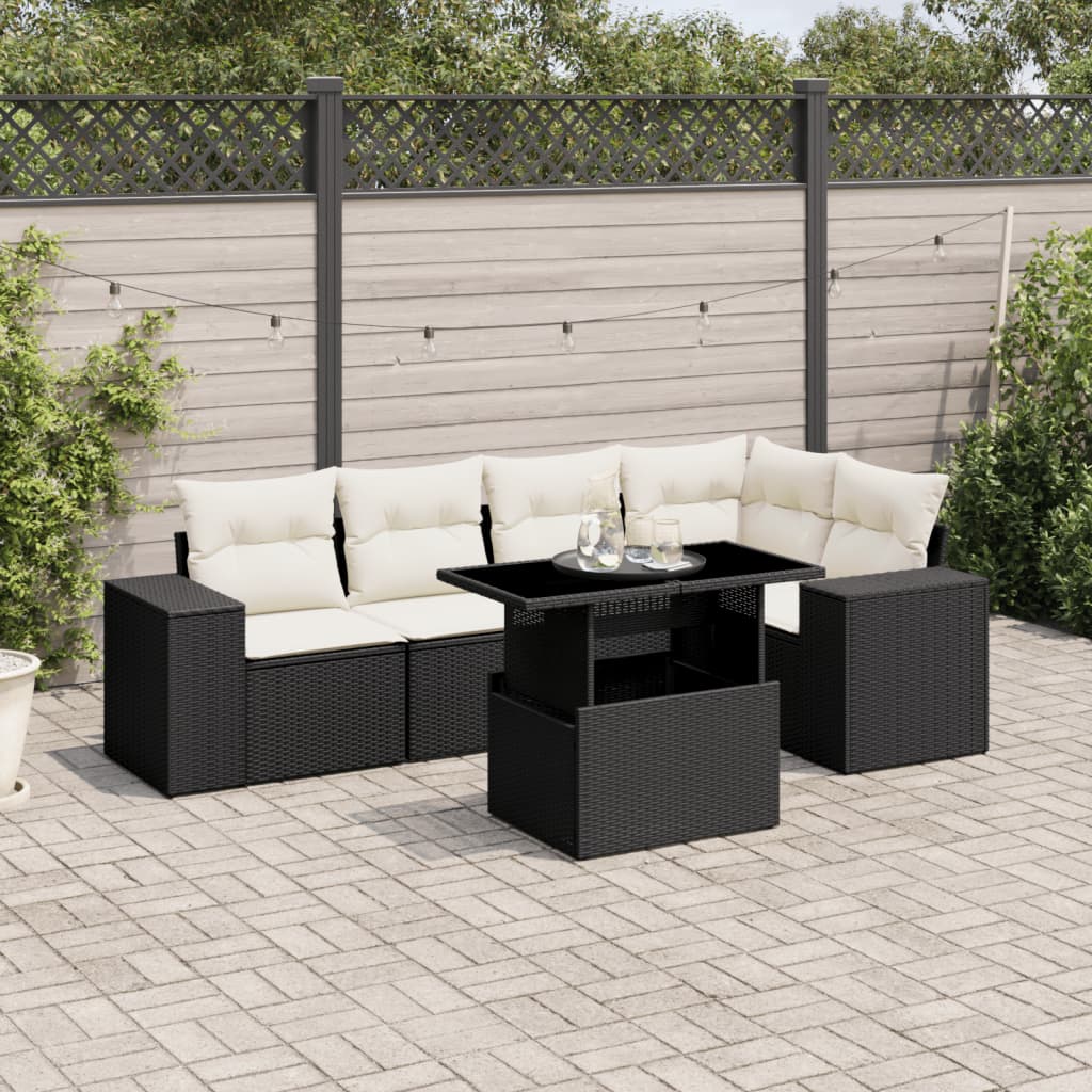 vidaXL 6-tlg. Garten-Sofagarnitur mit Kissen Schwarz Poly Rattan