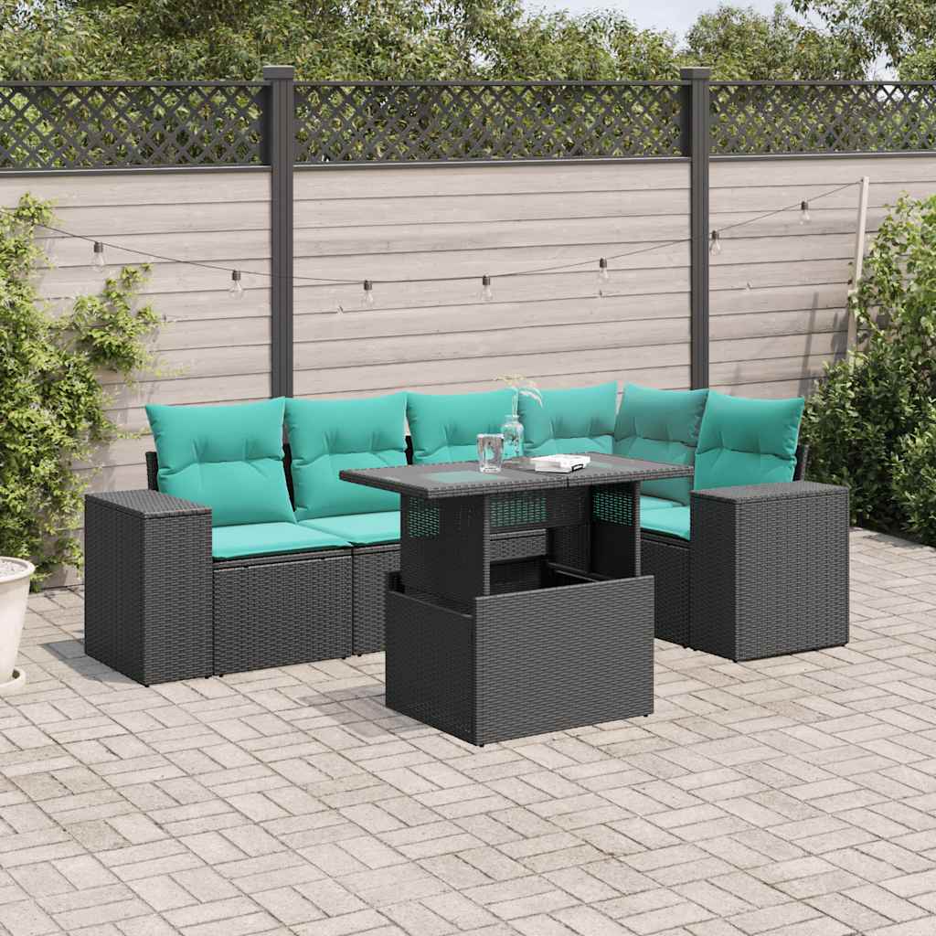 6 Piece Patio Sofa Set with Cushions Black Poly Rattan