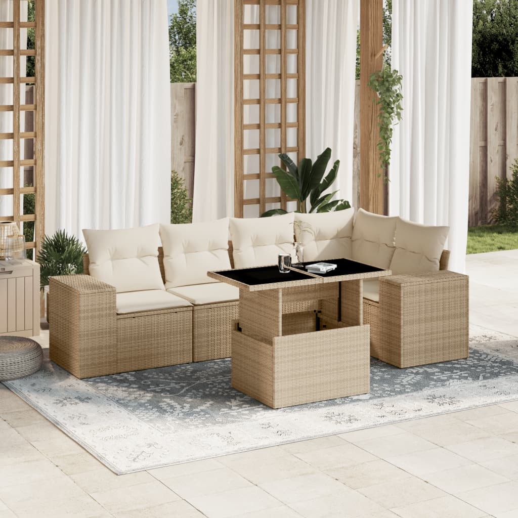 vidaXL 6-tlg. Garten-Sofagarnitur mit Kissen Beige Poly Rattan