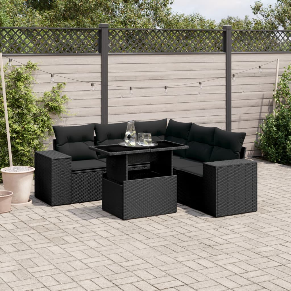 6-tlg. Garten-Sofagarnitur mit Kissen Schwarz Poly Rattan