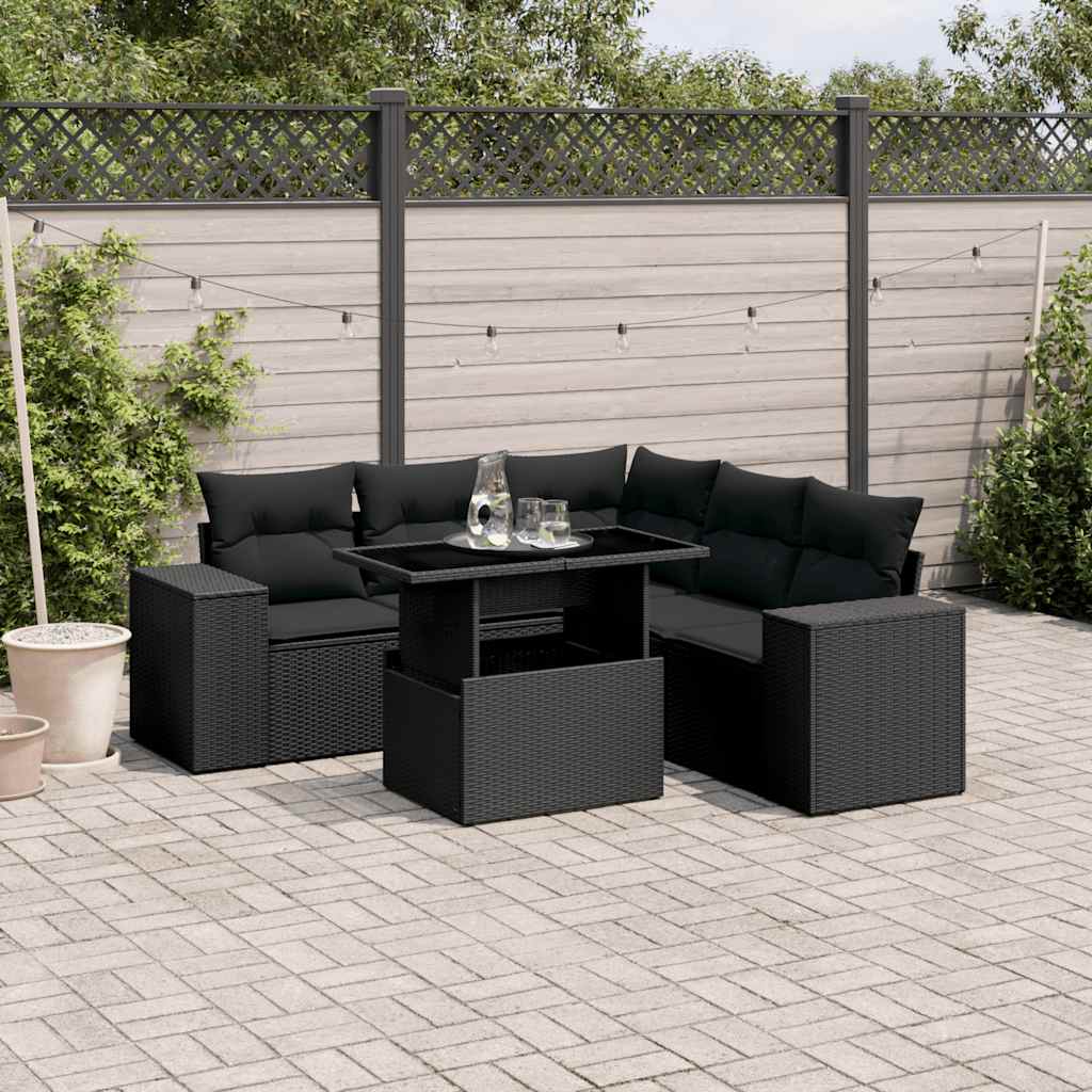 vidaXL 6-tlg. Garten-Sofagarnitur mit Kissen Schwarz Poly Rattan