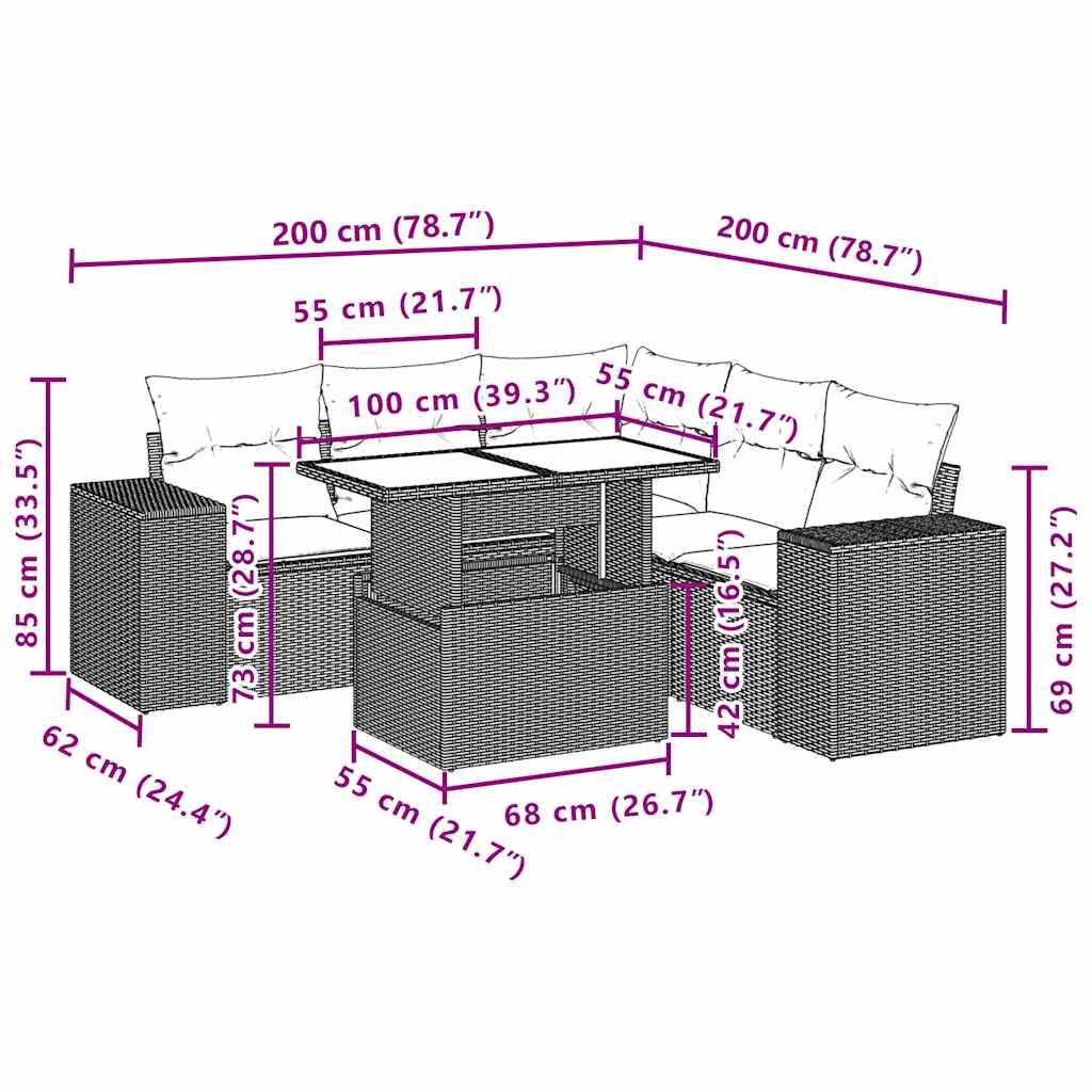 vidaXL 6-teiliges Gartensofa-Set mit Kissen, schwarzes Polyrattan – Bild 9