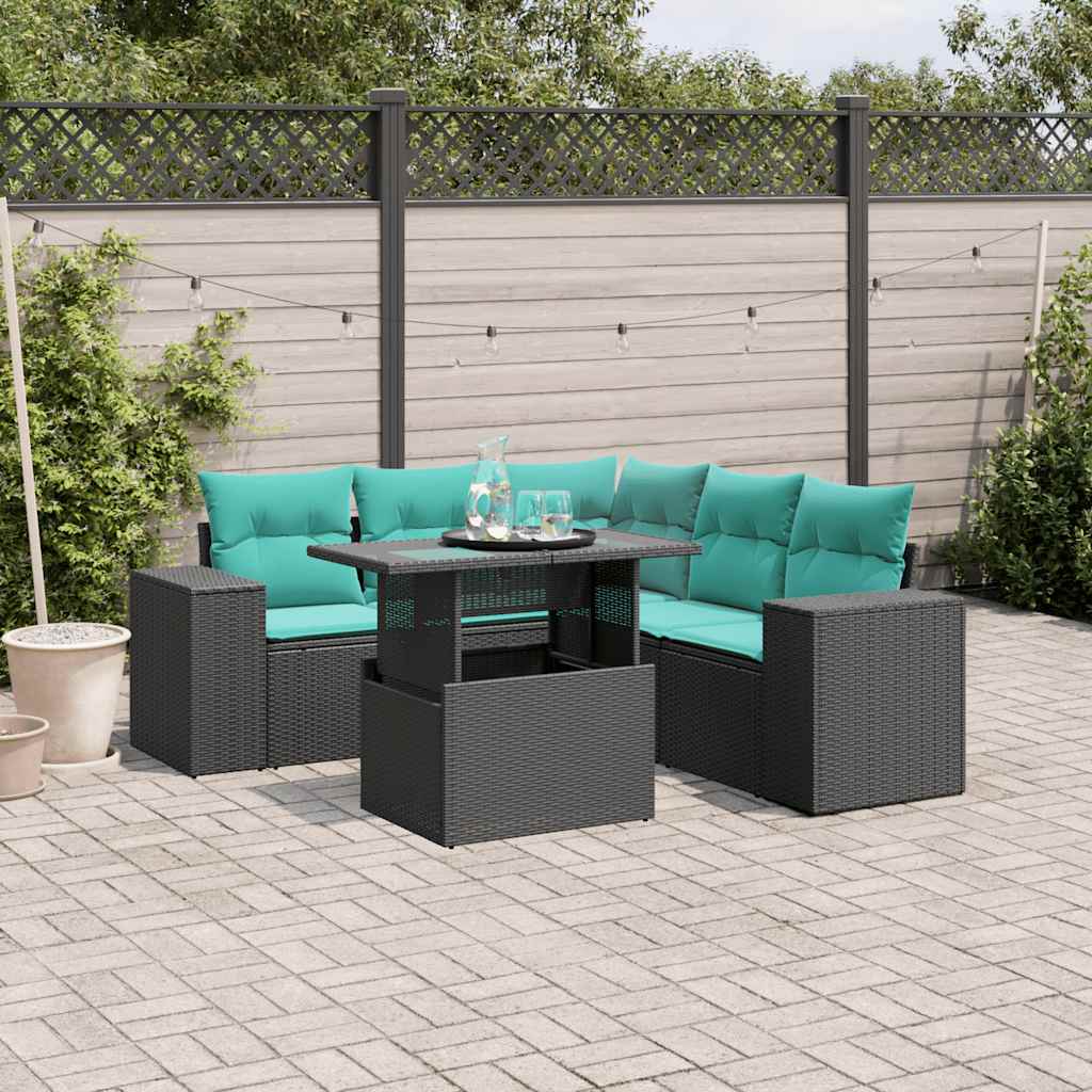 vidaXL 6-teiliges Gartensofa-Set mit Kissen, schwarzes Polyrattan