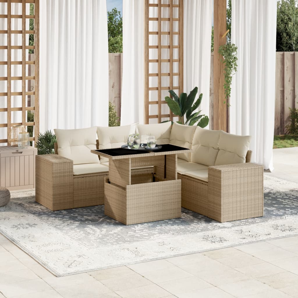 vidaXL 6-tlg. Garten-Sofagarnitur mit Kissen Beige Poly Rattan