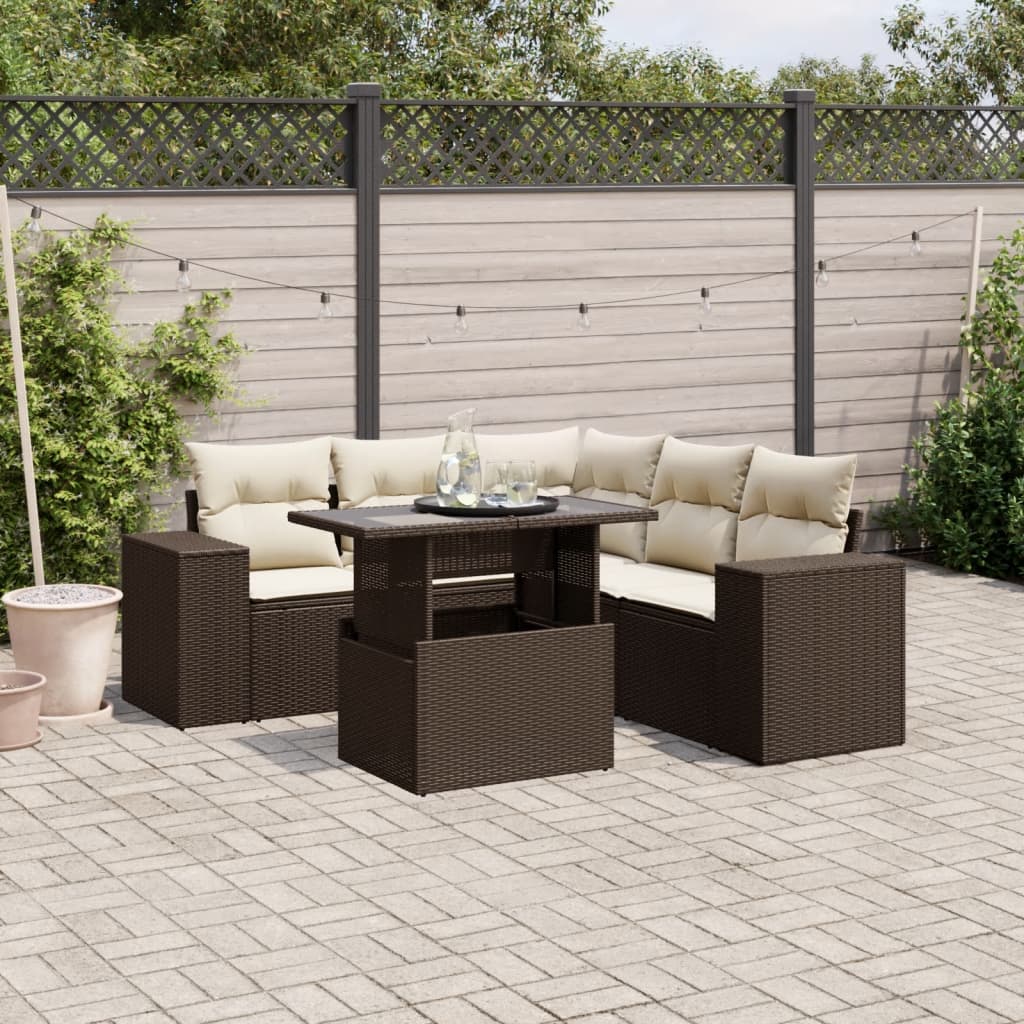 6-tlg. Garten-Sofagarnitur mit Kissen Braun Poly Rattan