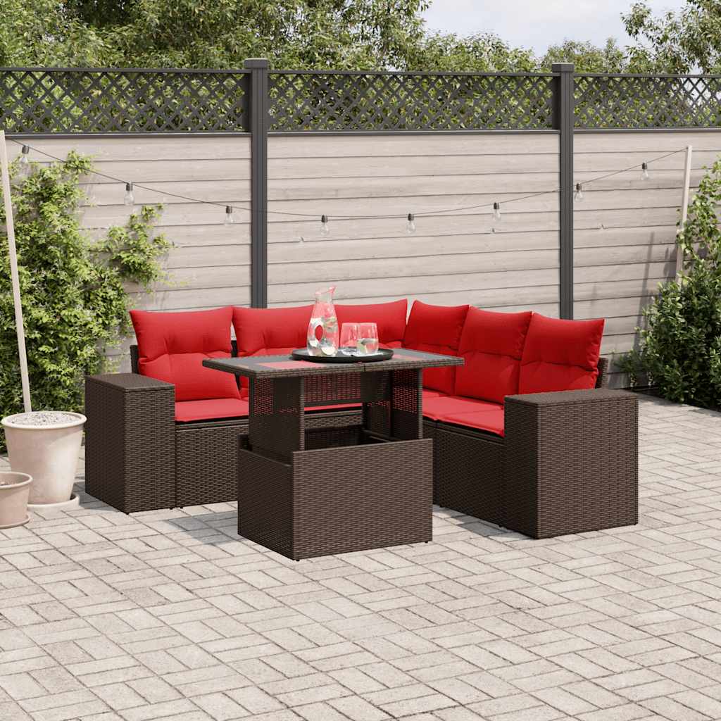 6 Piece Patio Sofa Set with Cushions Brown Poly Rattan