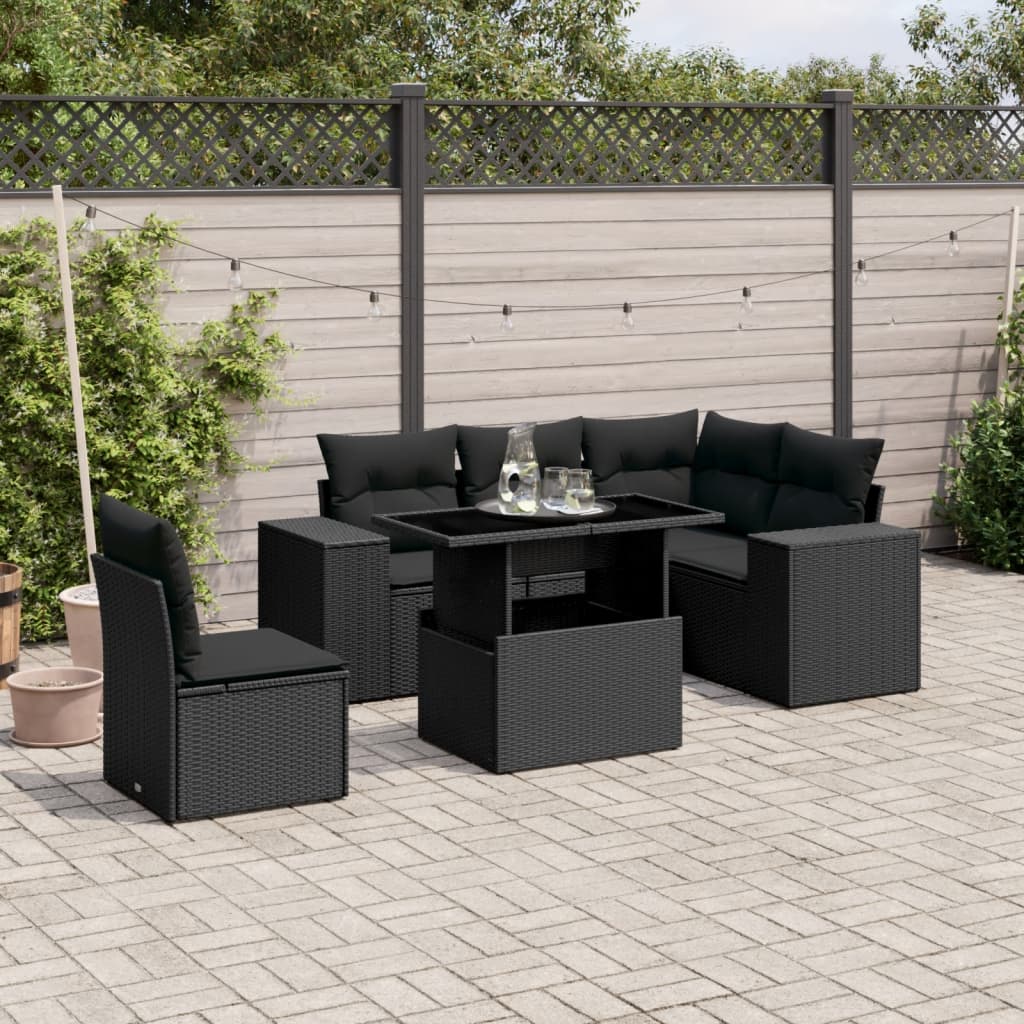 vidaXL 6-tlg. Garten-Sofagarnitur mit Kissen Schwarz Poly Rattan