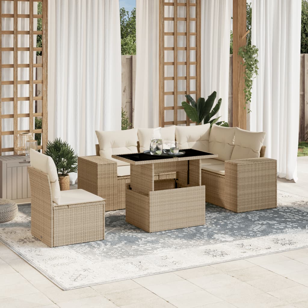 vidaXL 6-tlg. Garten-Sofagarnitur mit Kissen Beige Poly Rattan