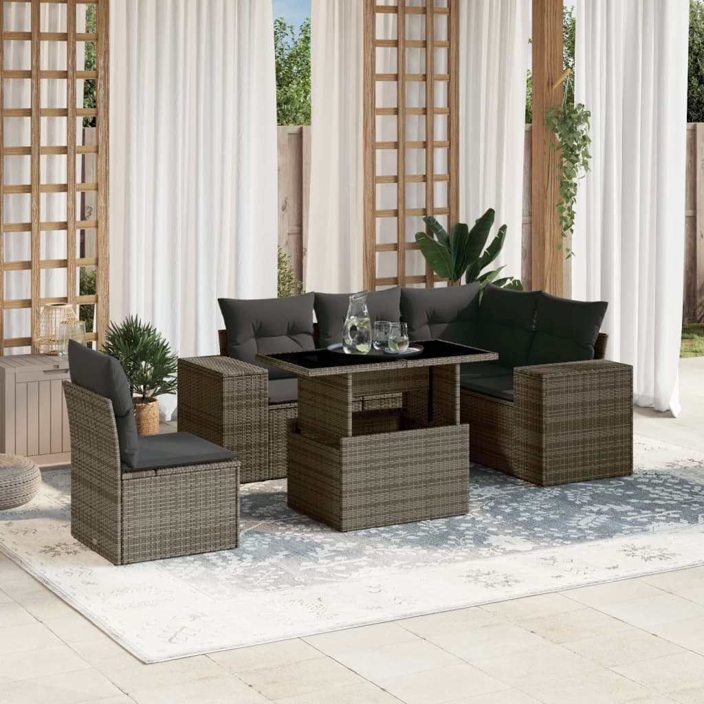 vidaXL 6-tlg. Garten-Sofagarnitur mit Kissen Grau Poly Rattan