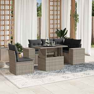 Vrtna sedežna garnitura 6-delna z blazinami siv poli ratan