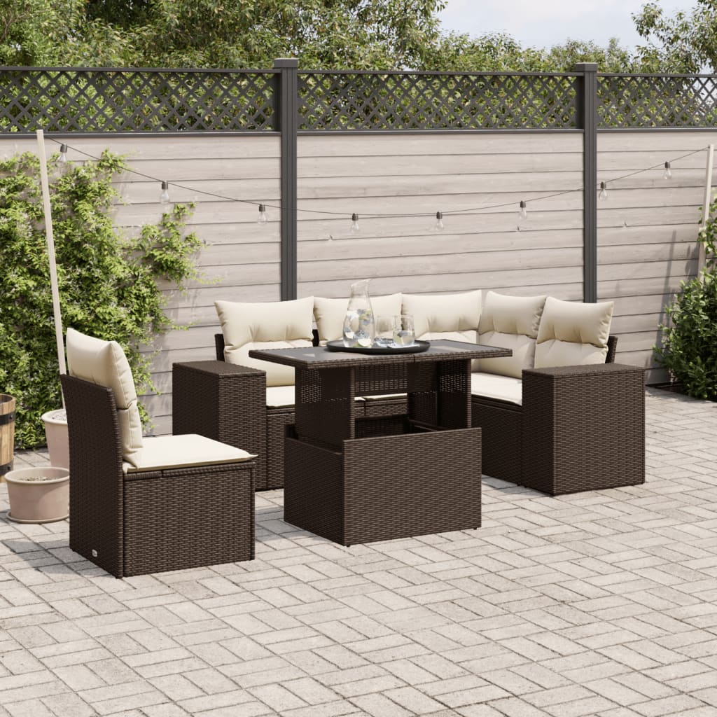 6-tlg. Garten-Sofagarnitur mit Kissen Braun Poly Rattan