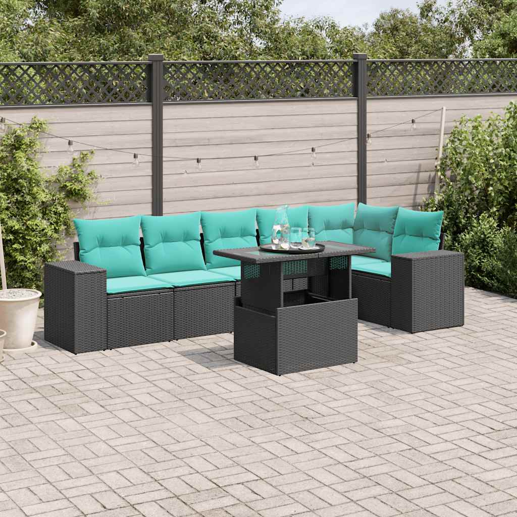 vidaXL 7-teiliges Gartensofa-Set mit Kissen, schwarzes Polyrattan