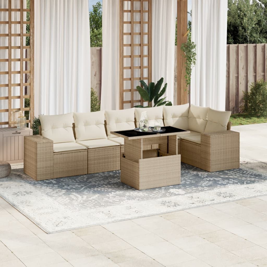 vidaXL 7-tlg. Garten-Sofagarnitur mit Kissen Beige Poly Rattan