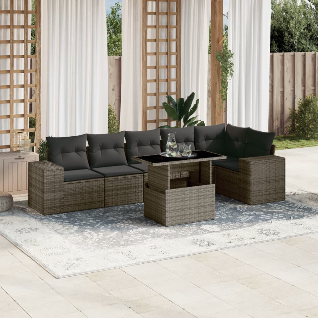 vidaXL 7-tlg. Garten-Sofagarnitur mit Kissen Grau Poly Rattan