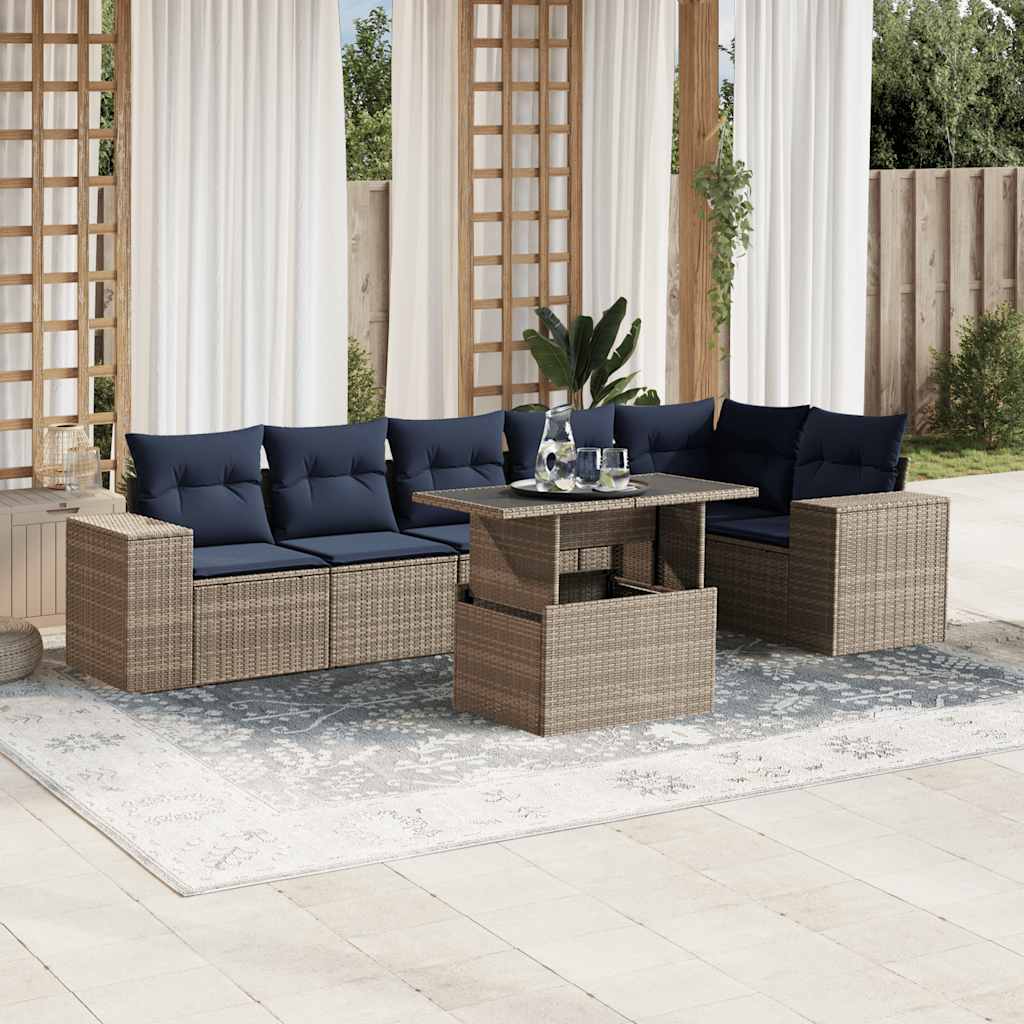 vidaXL 7-teiliges Gartensofa-Set mit Kissen, grau, Polyrattan