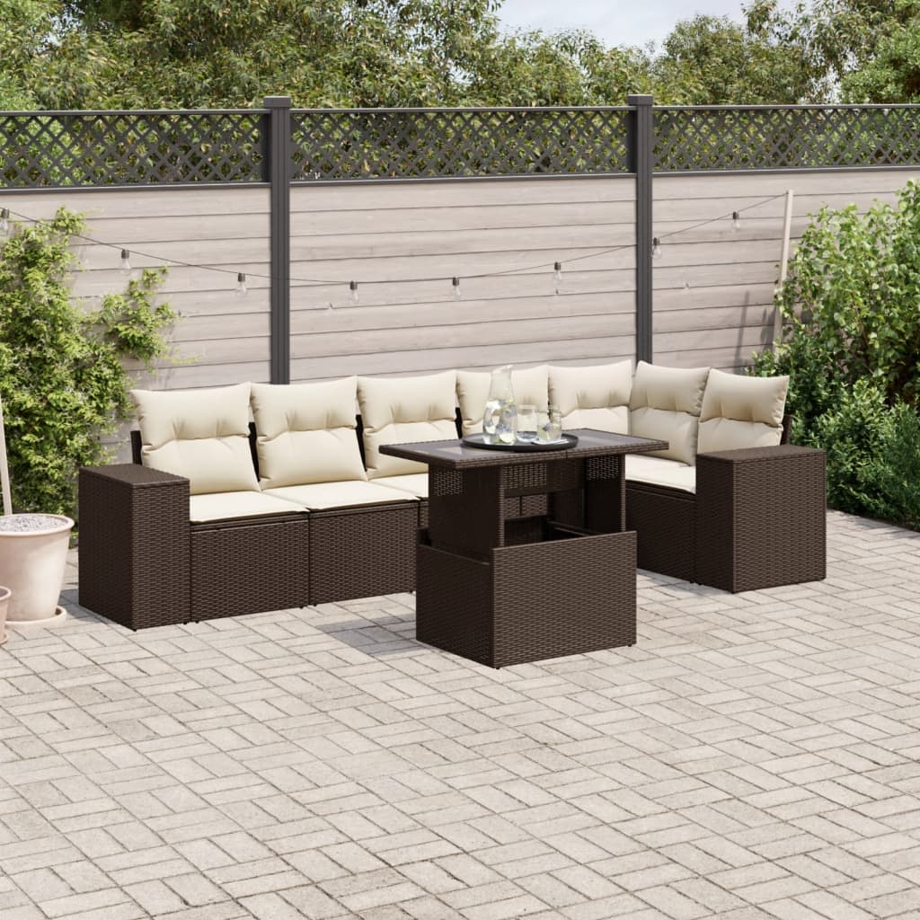 7-tlg. Garten-Sofagarnitur mit Kissen Braun Poly Rattan