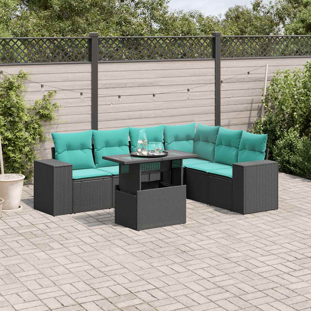 7 Piece Patio Sofa Set with Cushions Black Poly Rattan