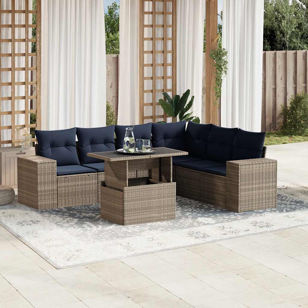 7 Piece Patio Sofa Set with Cushions Gray Poly Rattan