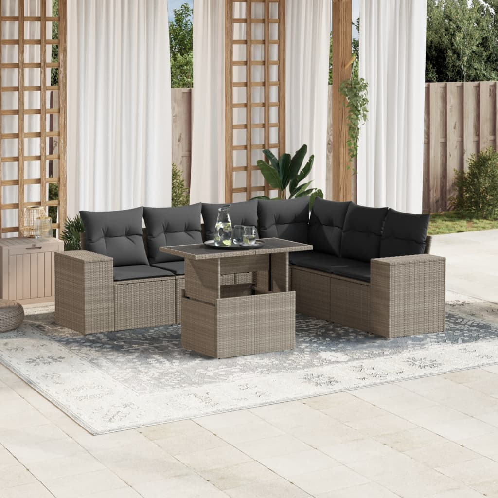 vidaXL 7-tlg. Garten-Sofagarnitur mit Kissen Hellgrau Poly Rattan