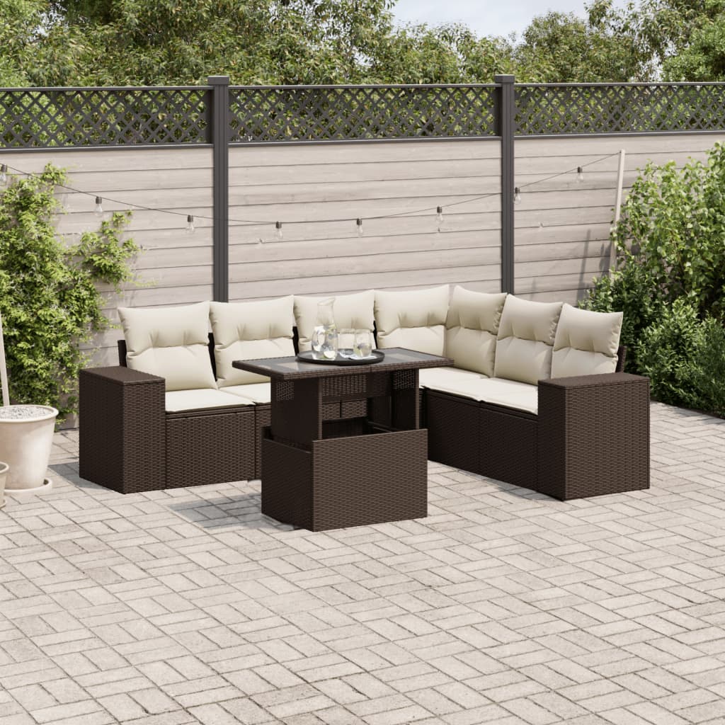 7-tlg. Garten-Sofagarnitur mit Kissen Braun Poly Rattan