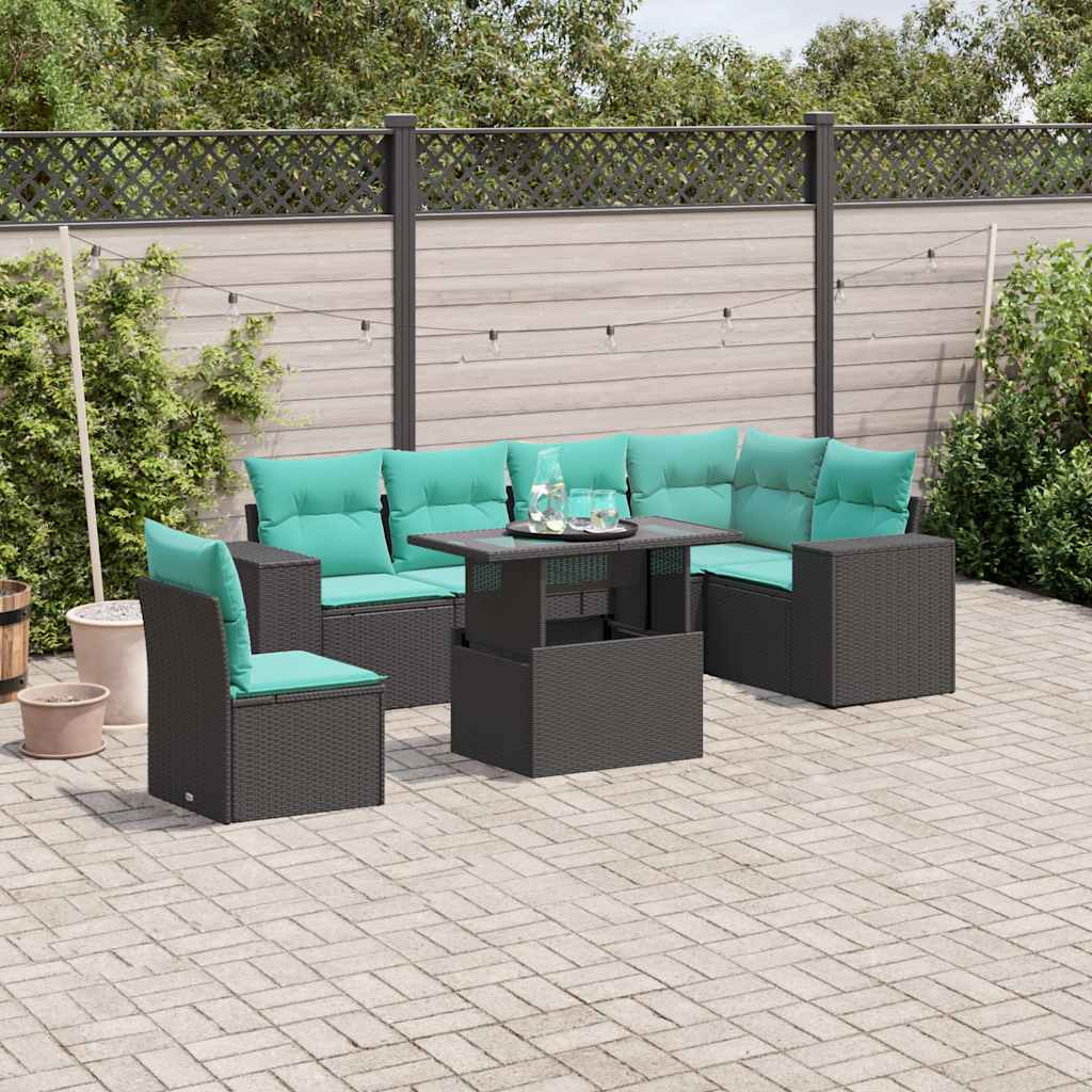 vidaXL 7-teiliges Gartensofa-Set mit Kissen, schwarzes Polyrattan