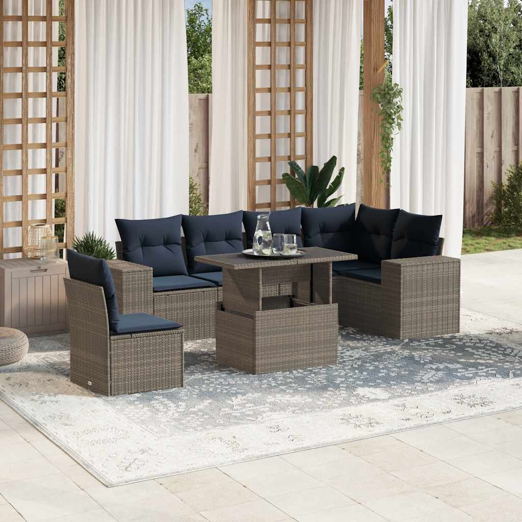 7 Piece Patio Sofa Set with Cushions Gray Poly Rattan