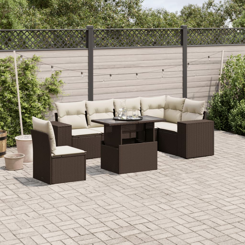 7-tlg. Garten-Sofagarnitur mit Kissen Braun Poly Rattan