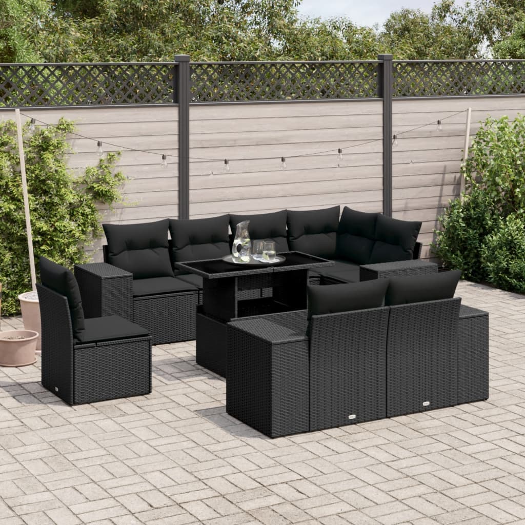 vidaXL 9-tlg. Garten-Sofagarnitur mit Kissen Schwarz Poly Rattan