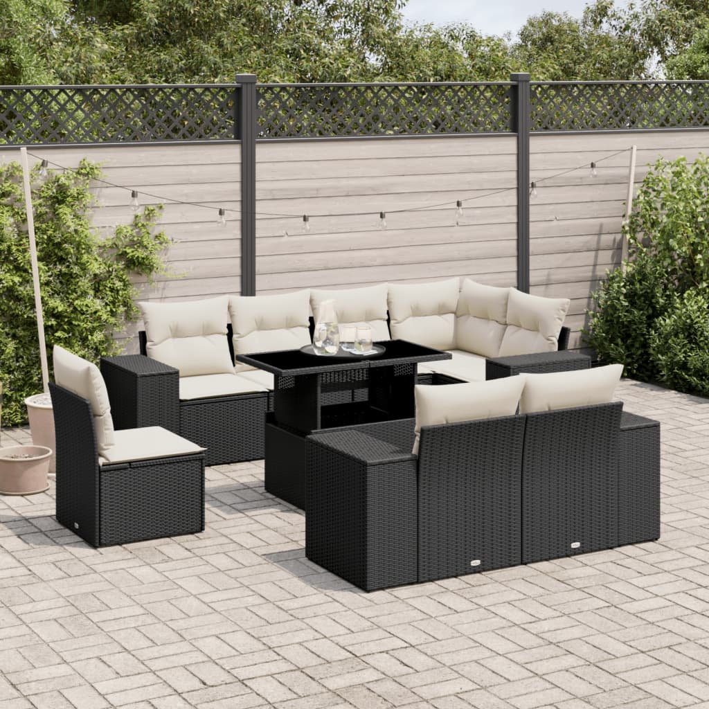 vidaXL 9-tlg. Garten-Sofagarnitur mit Kissen Schwarz Poly Rattan