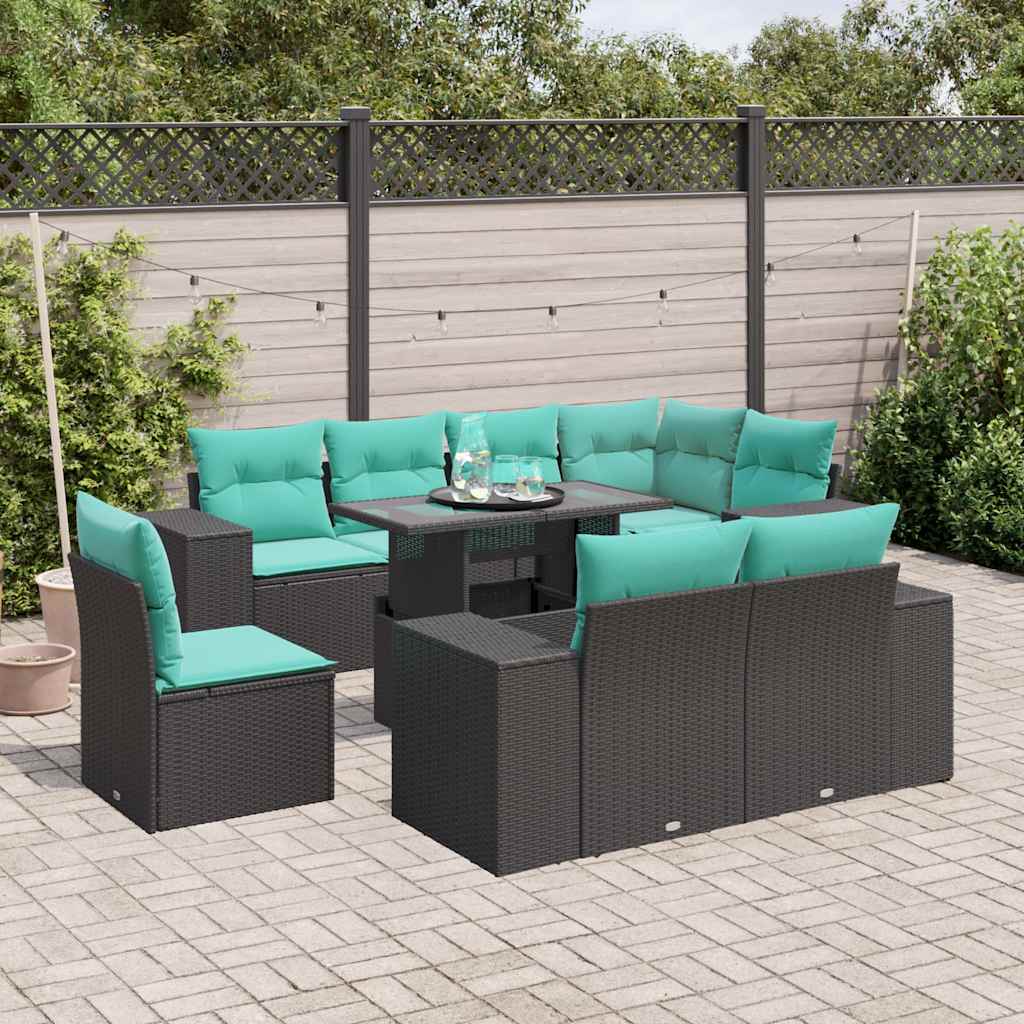 vidaXL 9-teiliges Gartensofa-Set mit Kissen, schwarzes Polyrattan