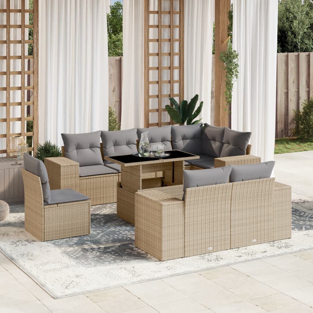 vidaXL 9-tlg. Garten-Sofagarnitur mit Kissen Beige Poly Rattan