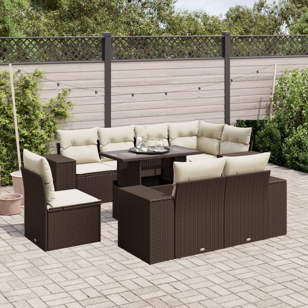 9-tlg. Garten-Sofagarnitur mit Kissen Braun Poly Rattan